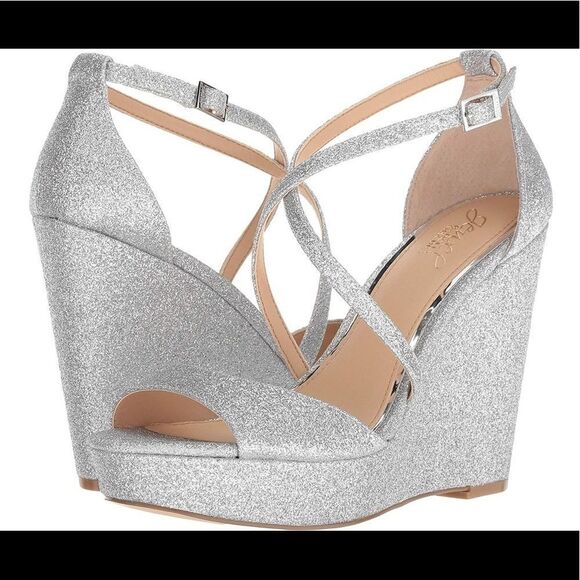 Jewel Badgley Mischka Averie Evening Sandal Heels Silver Glitter 5.5M New - Picture 2 of 8